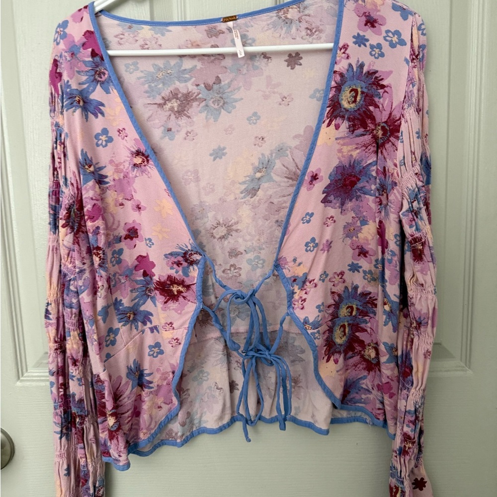 Free People Pink and Blue Floral Tie-Front Blouse